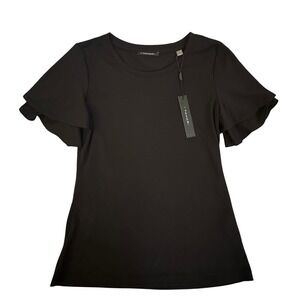 T Tahari Black Ruffle Double Layer Short Sleeve Crew Neck Top XS New With Tags